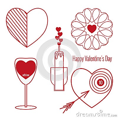 Set of Valentine`s Day icons. Glass of red wine, candles, flowers, heart. Vector Illustration